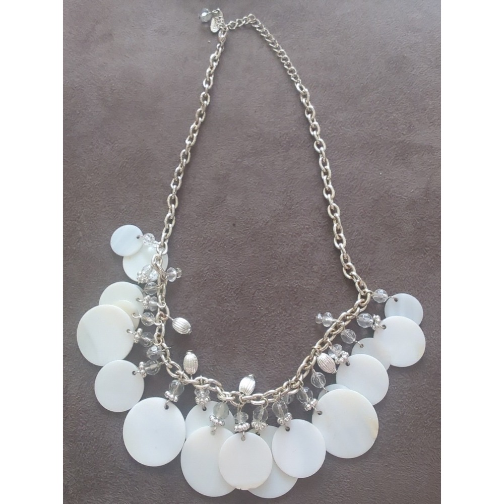 Vintage Mother of Pearl MOP Shell Dangle Necklace Silver 17‎ in